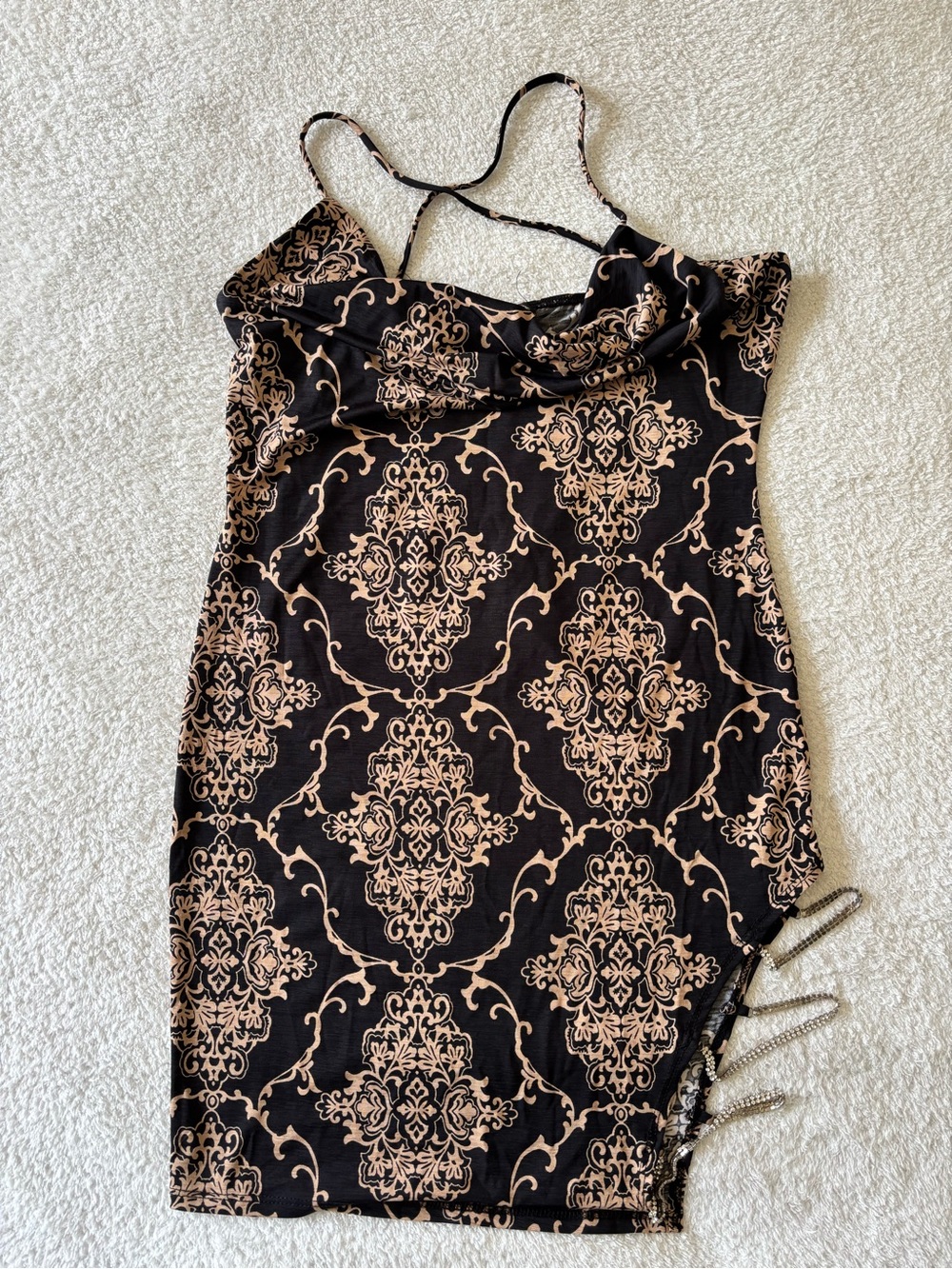 Fashion Magazine Black & Tan Mini Dress with Damask Print